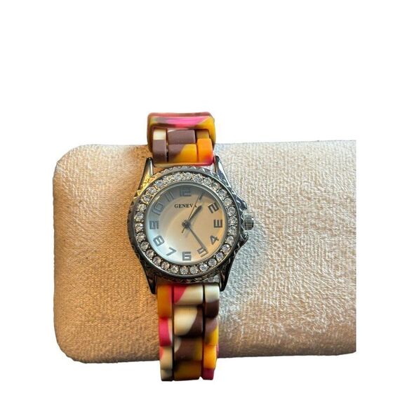 Geneva Women's Watch With Rhinestone Bezel & Multicolor Silicone Strap Water Res - Picture 1 of 13